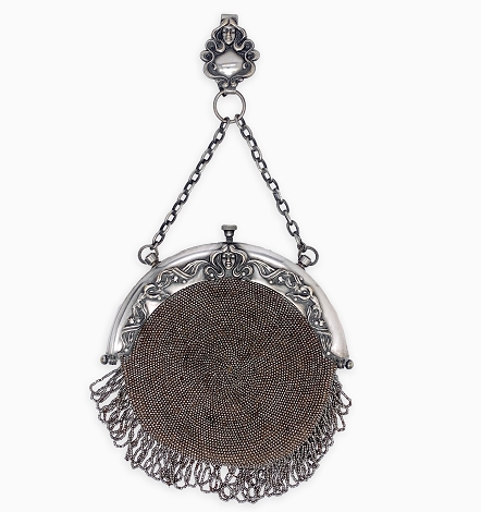 Art Nouveau Figural Silverplate Purse with Chatelaine Clip and Beading  j4251